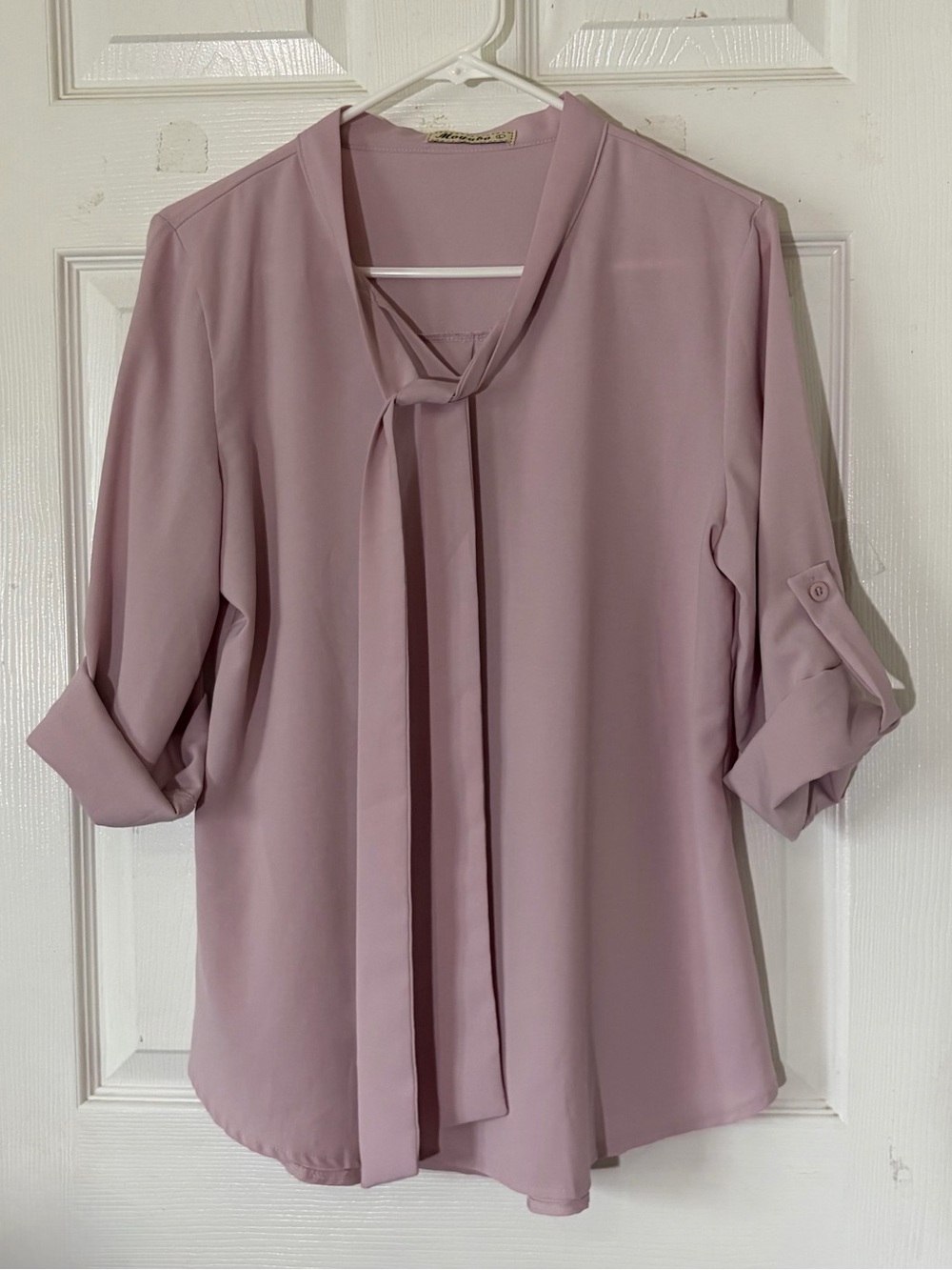 Moyabo Tie-Neck, Roll Tab Sleeve Lavender Blouse - Women Tops Sz L